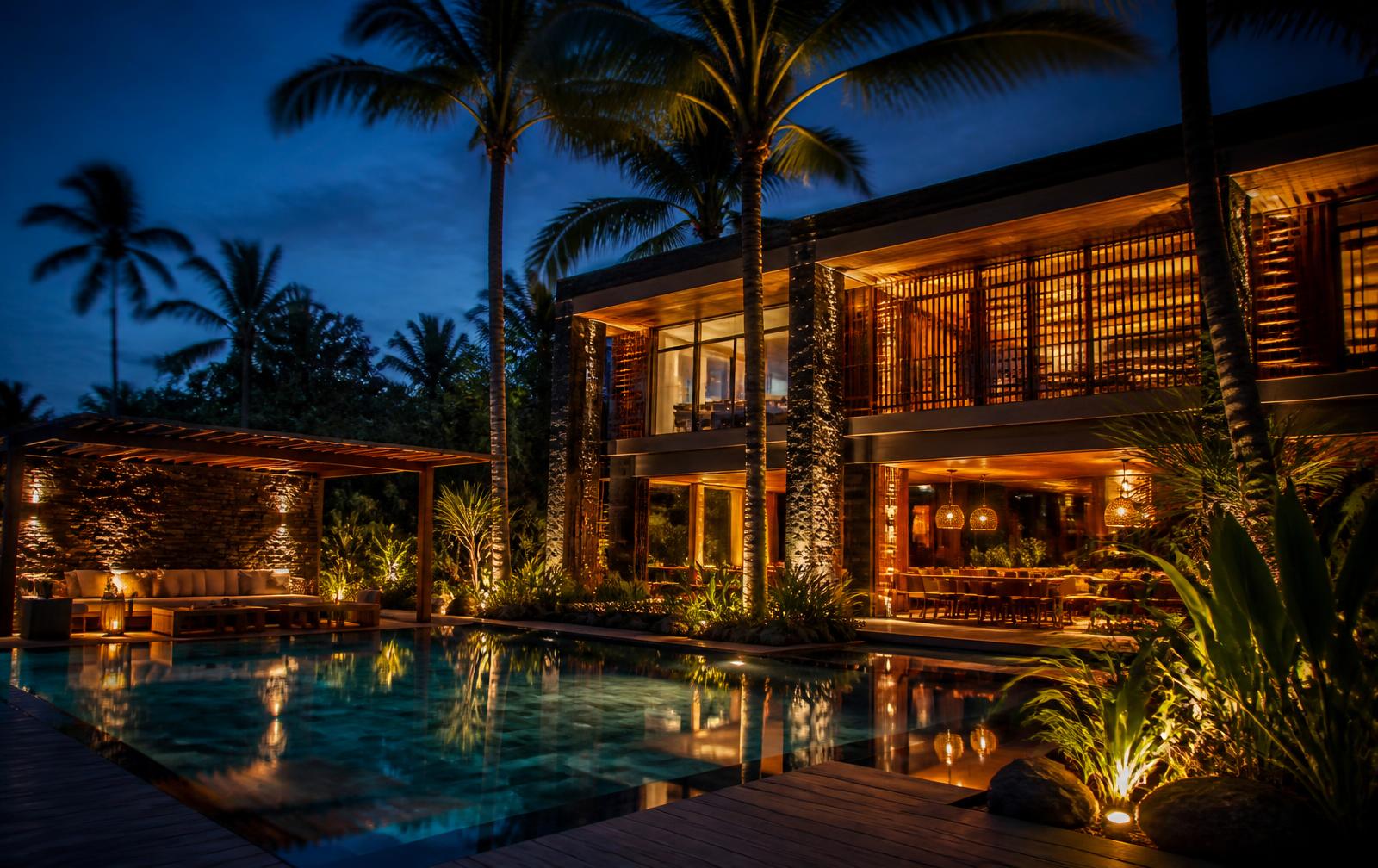 Résidence NT Dream House au Cameroun, éclairée au crépuscule